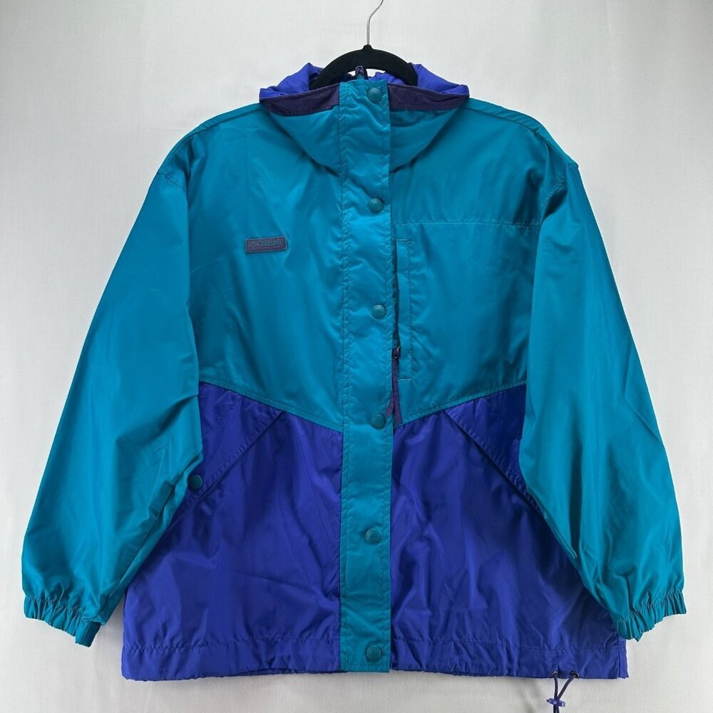 Columbia Vtg Windbreaker Womens M Full Zip Adjustable Cinch Hem Colorblock Blue
